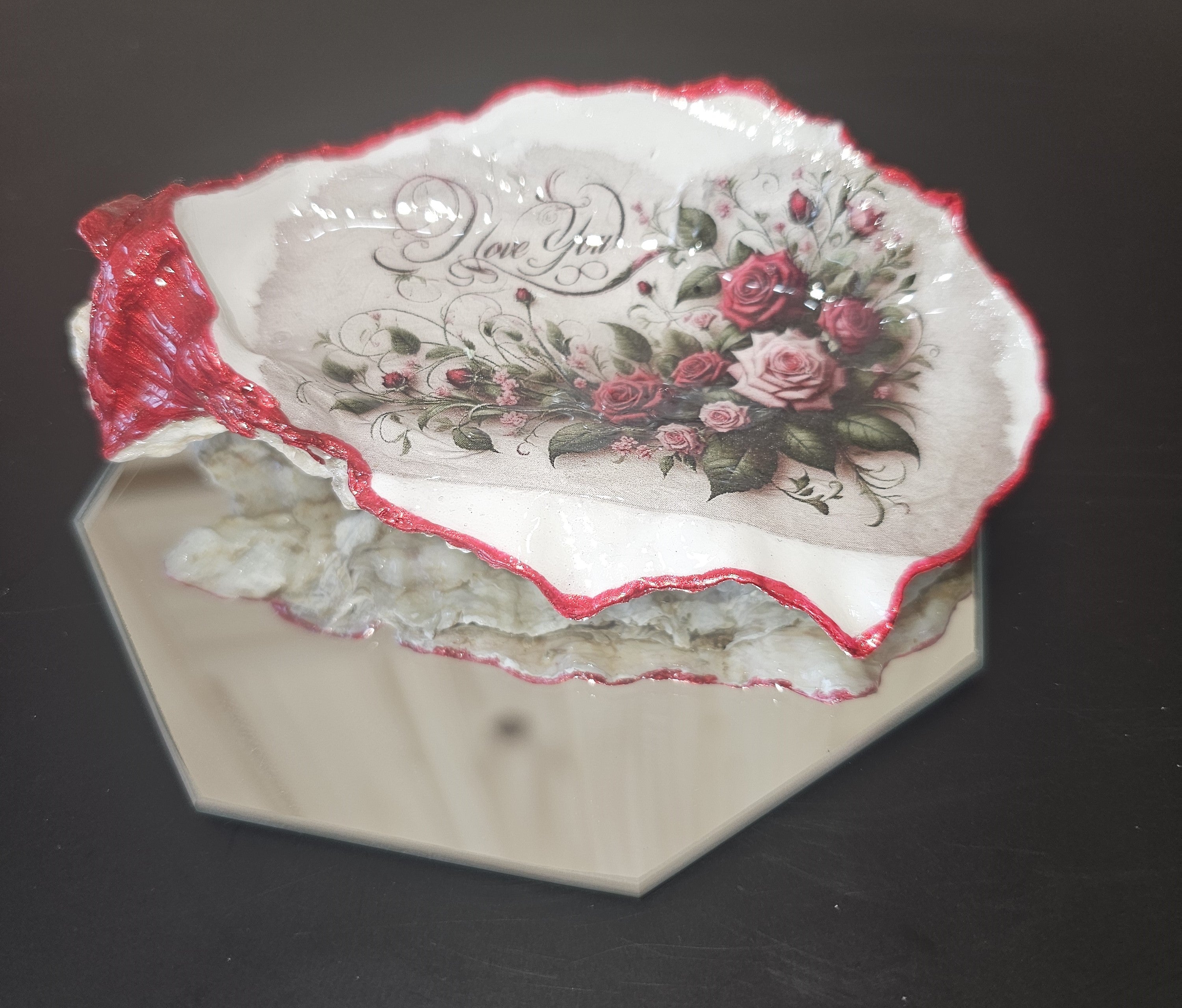 I  Love You Decoupage oyster shell on mirror