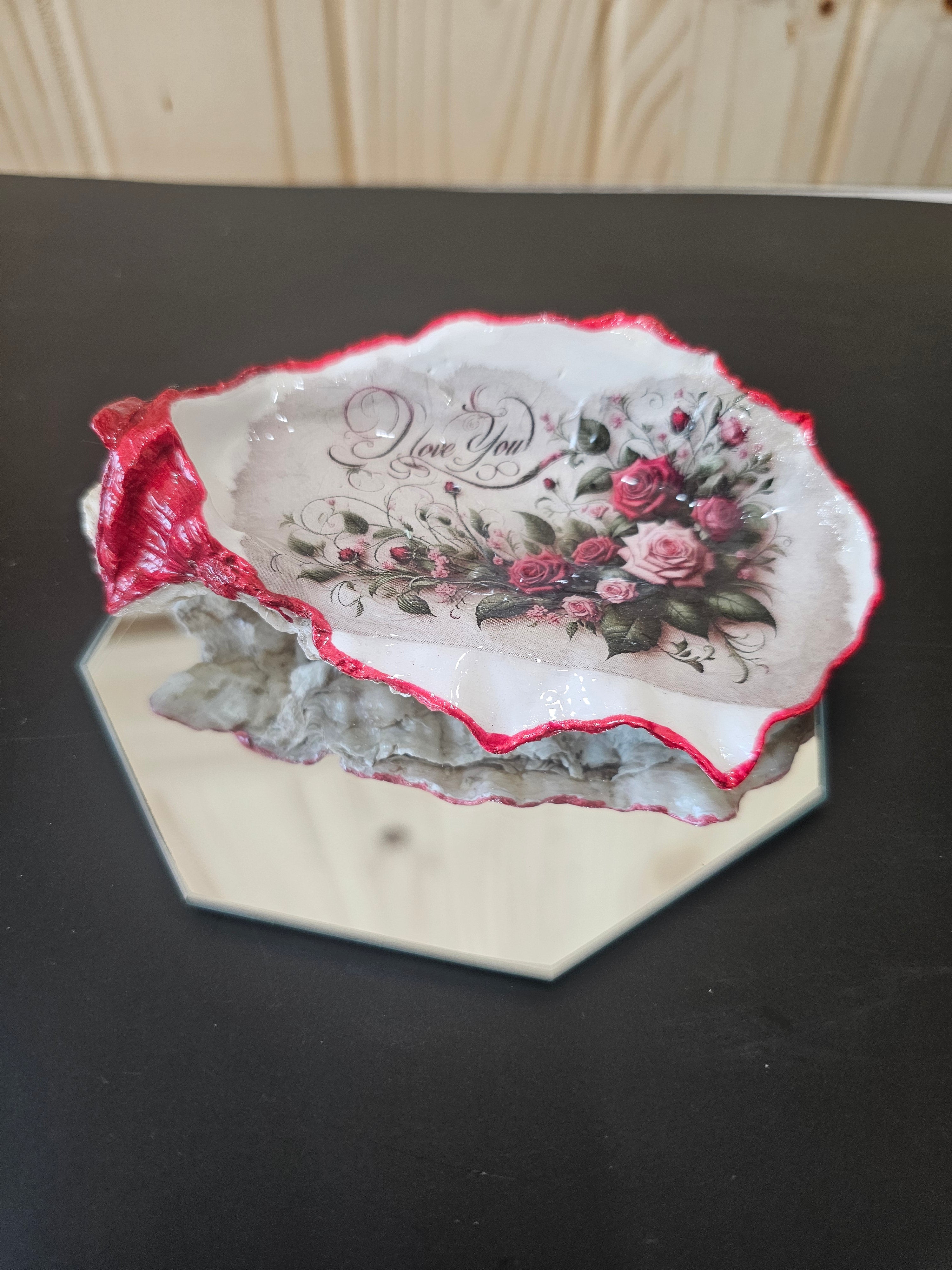 I  Love You Decoupage oyster shell on mirror