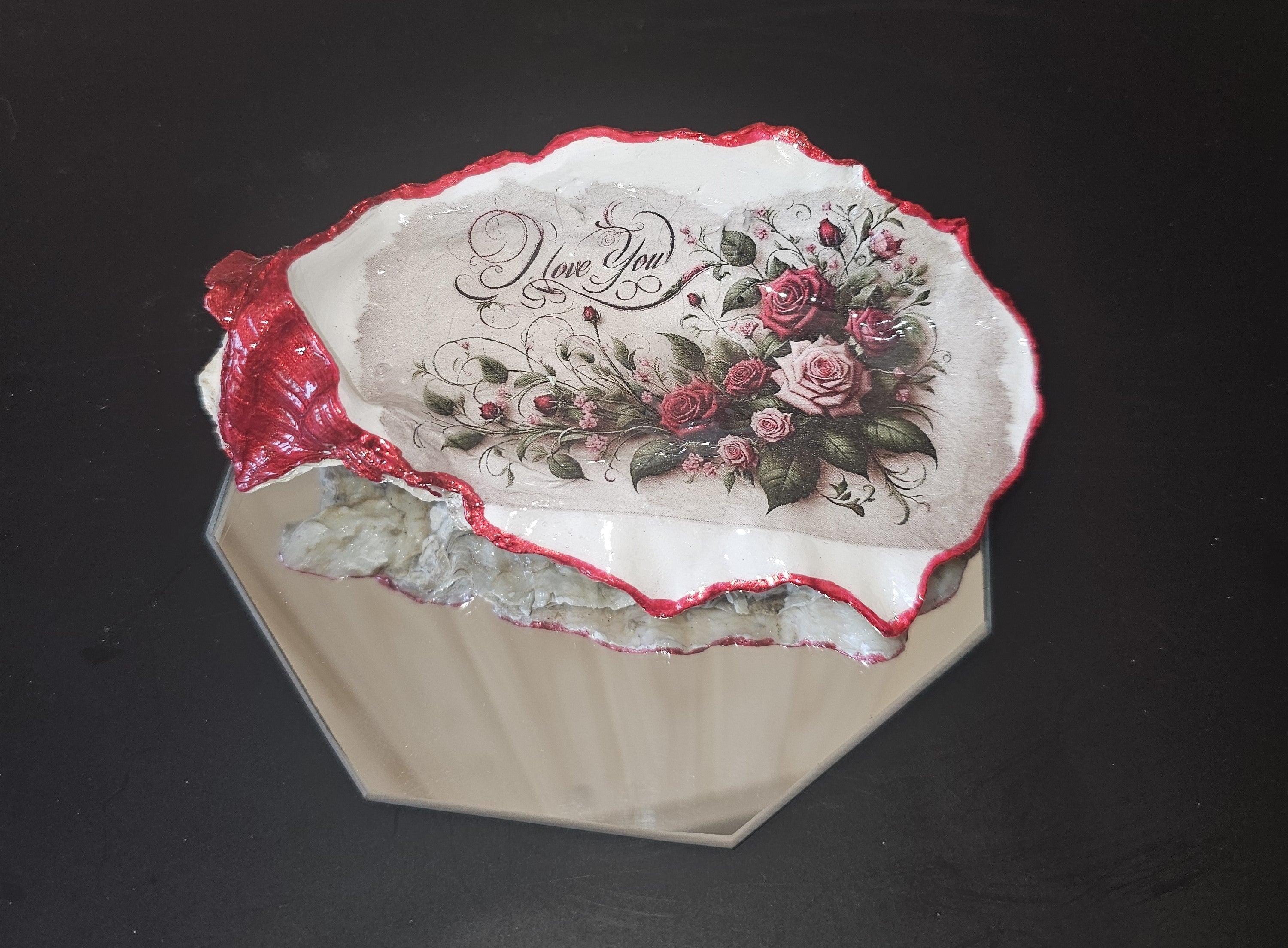 I  Love You Decoupage oyster shell on mirror
