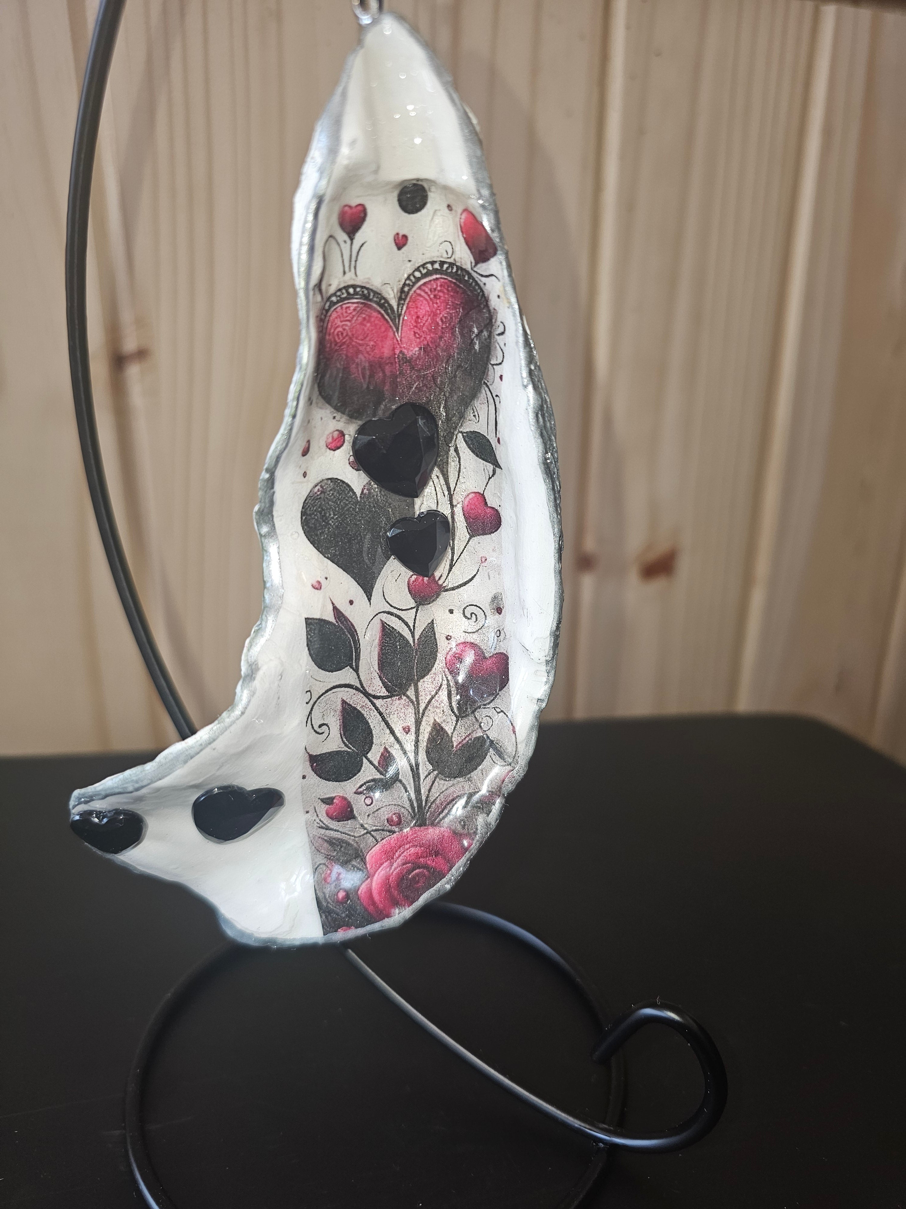 Valentine's Day Decoupage oyster shell on black hanging stand