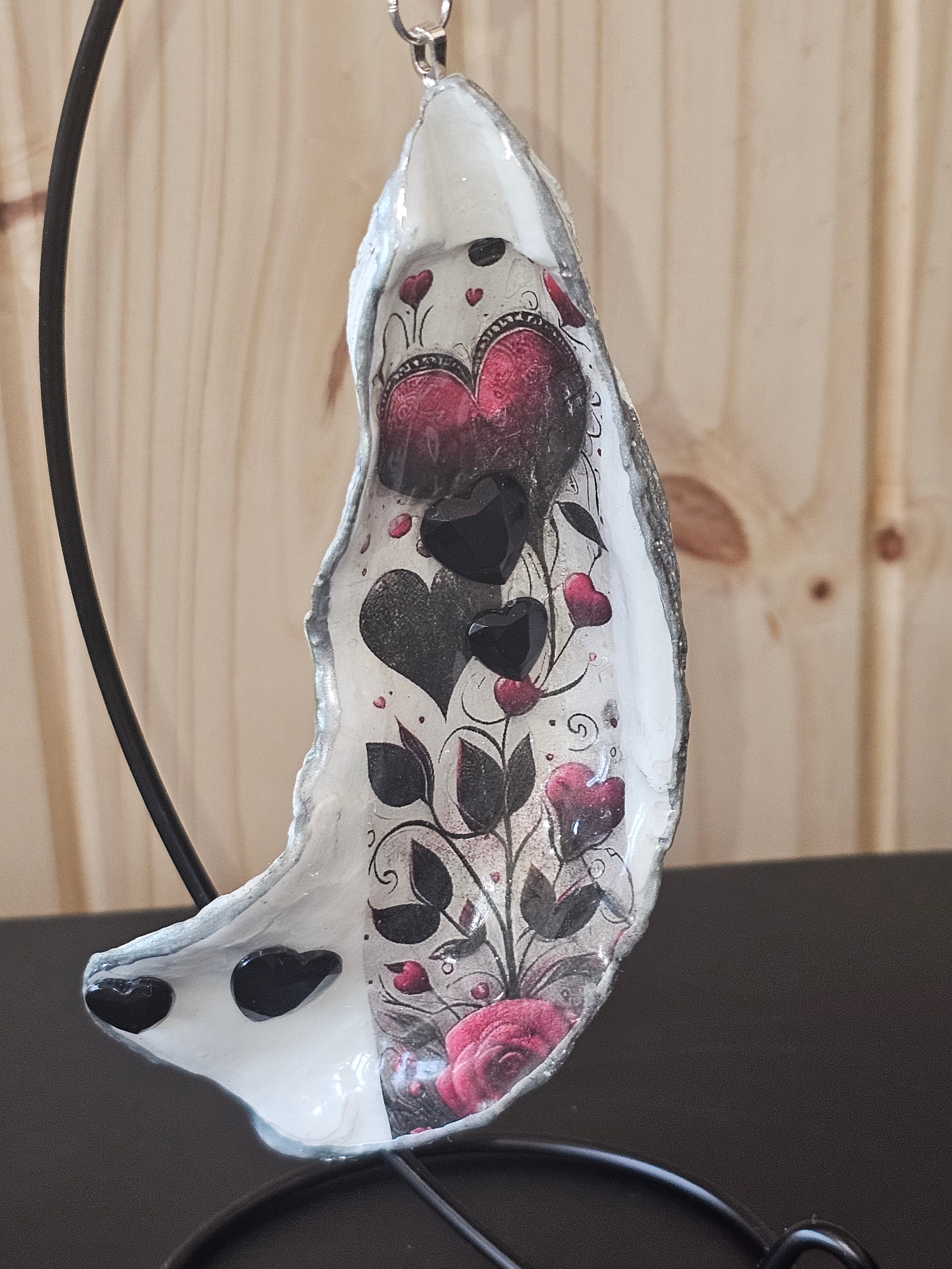 Valentine's Day Decoupage oyster shell on black hanging stand