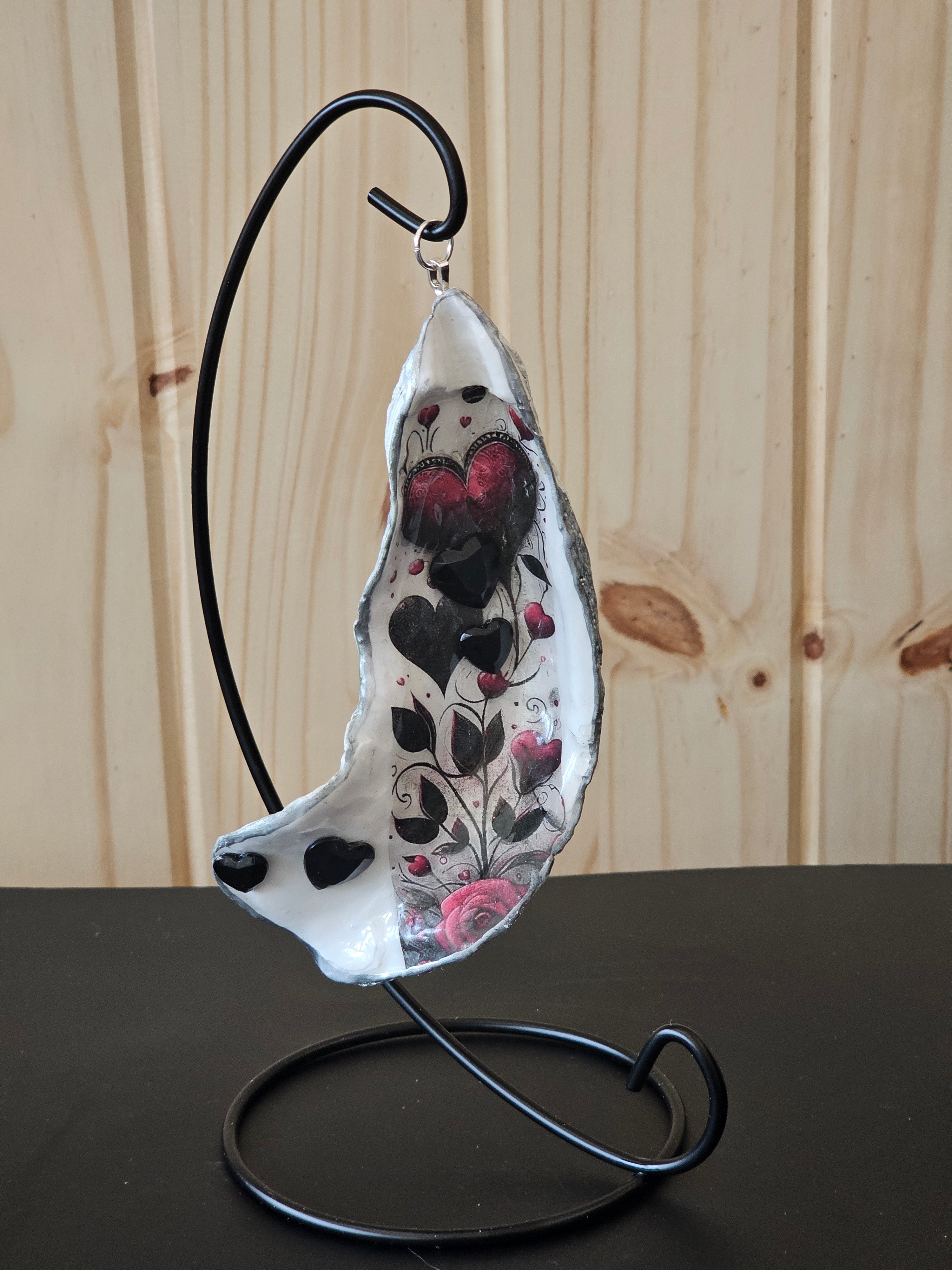 Valentine's Day Decoupage oyster shell on black hanging stand