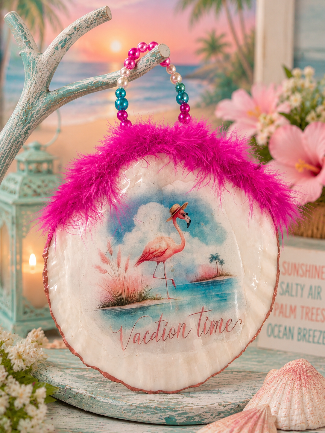 Flamingo "Vacation Time" Shell Ornament