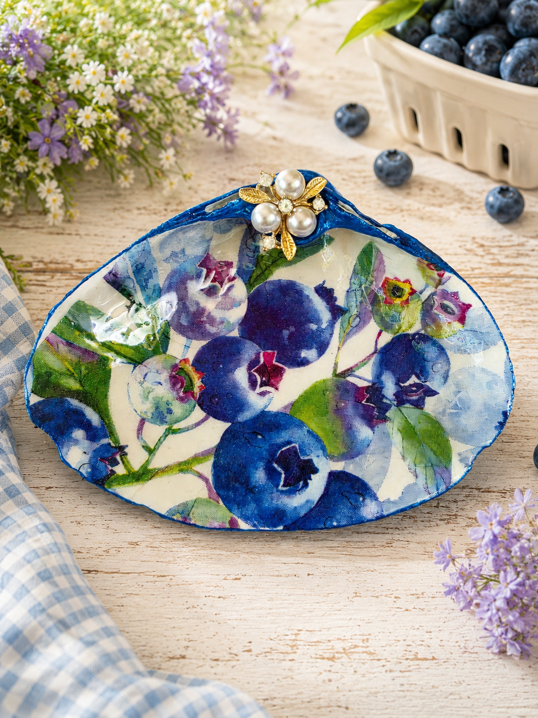 Handmade Blueberry Decoupage Shell Trinket Dish