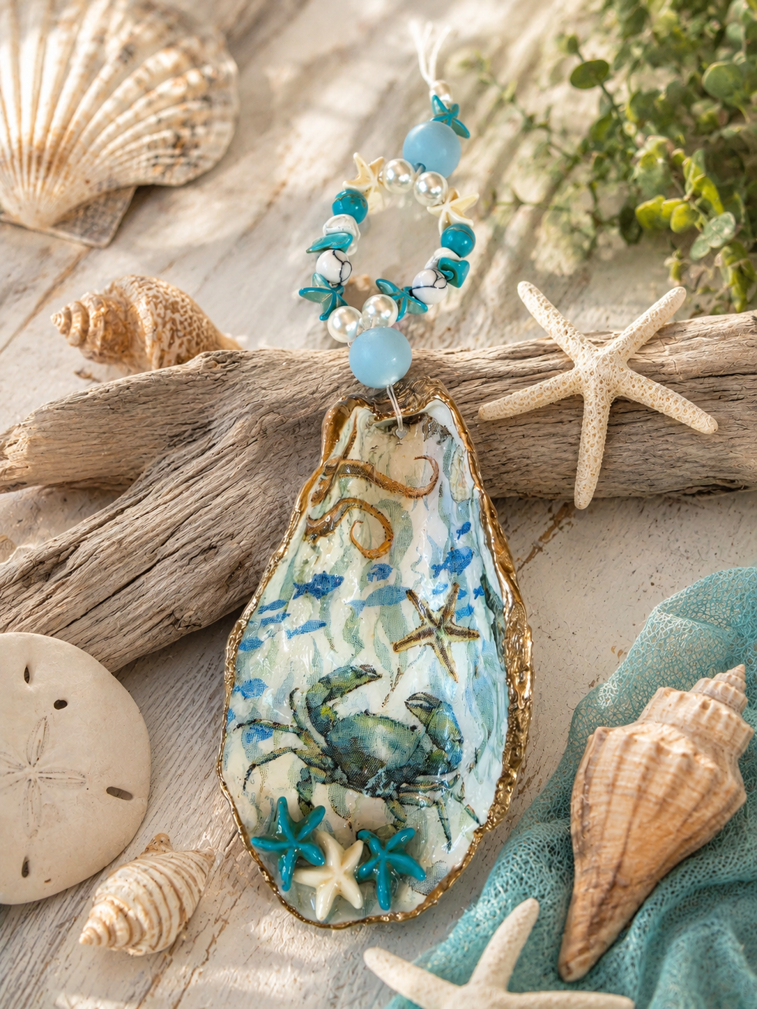 Handmade Coastal Blue Crab Oyster Shell Ornament