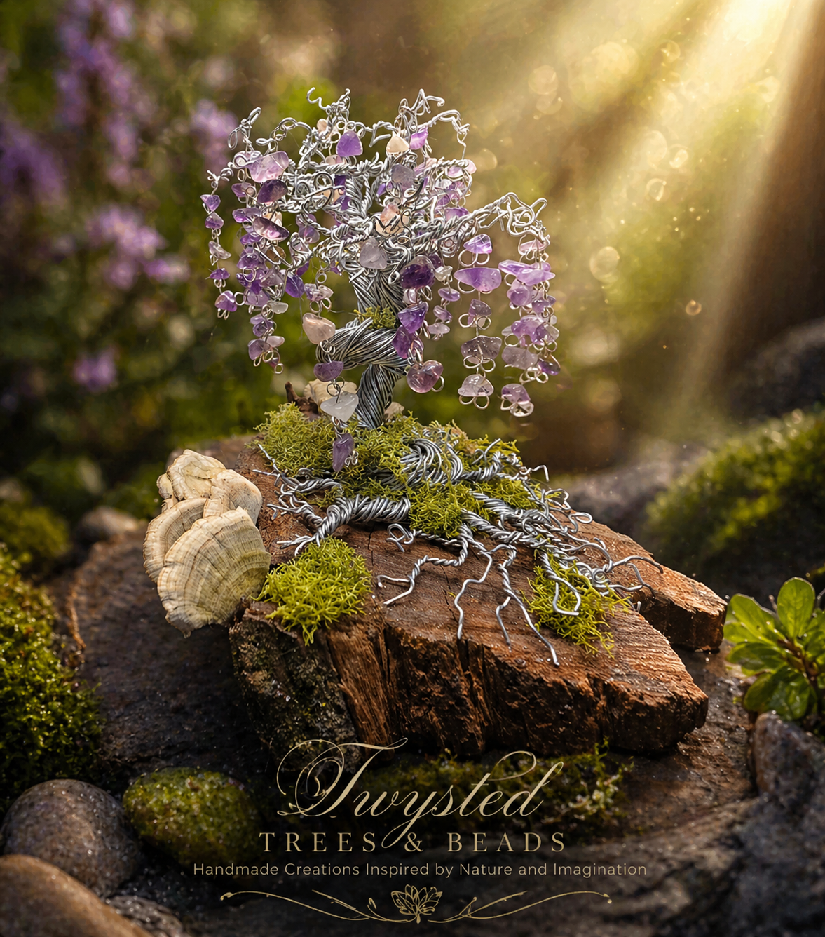 Artistic wire tree sculpture with purple beads on a wooden base, surrounded by greenery and sunlight.